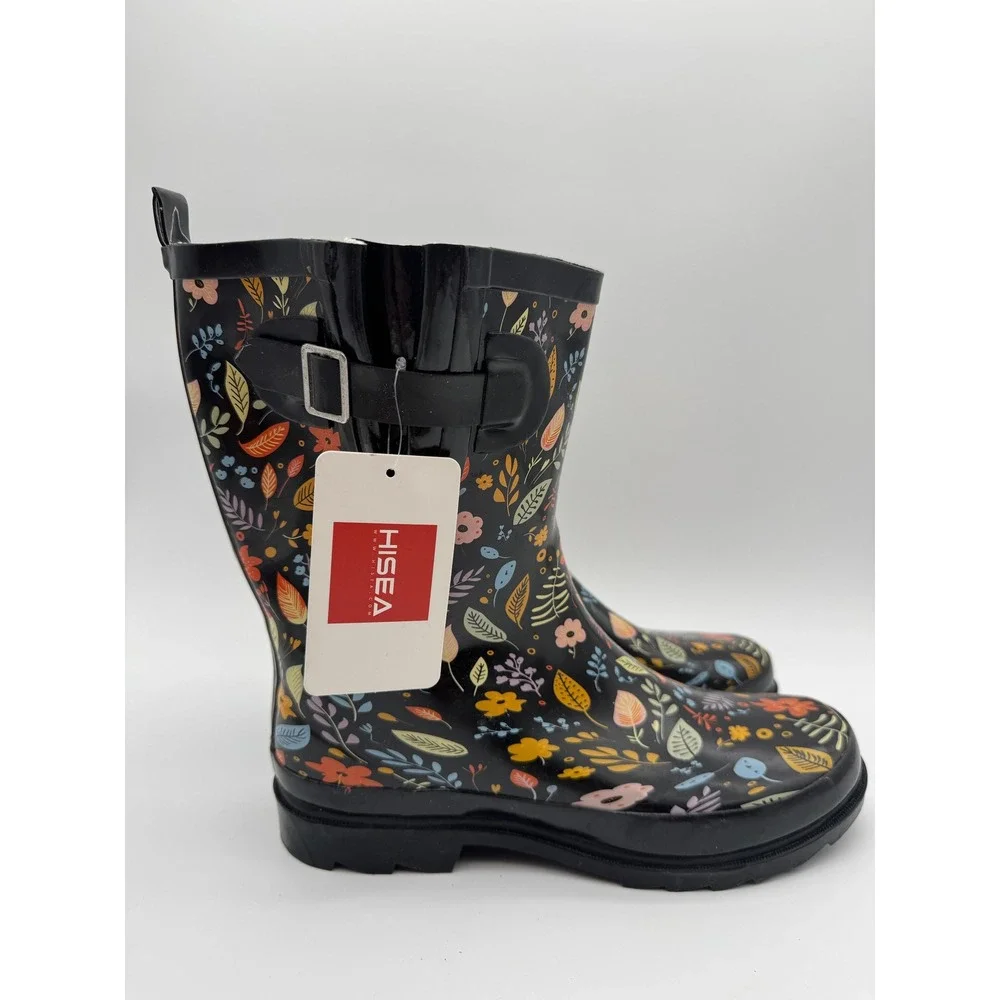 Womens Rain Boots Floral Print Black Waterproof Mid Calf Size 10‎